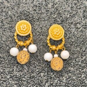 Vintage Gold Tone Beaded Medallion Drop Earrings 1980s Textured Coin Beads